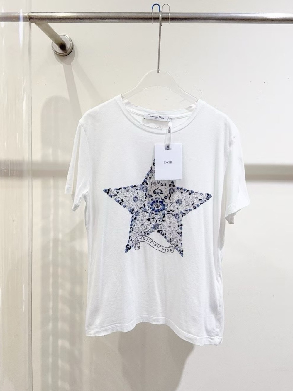 Dior White Short-Sleeve Tee with Blue Floral Star